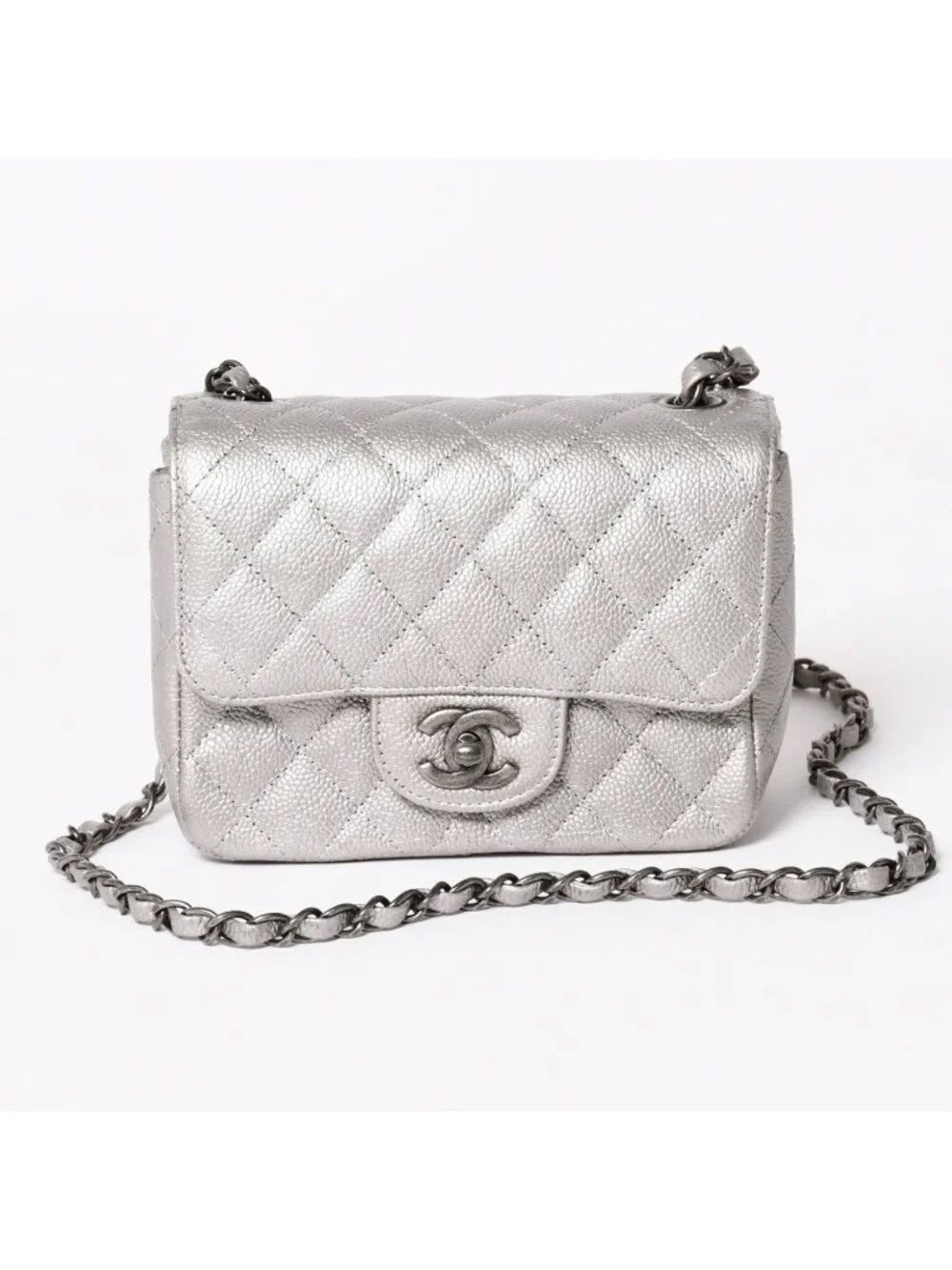 Chanel Mini Quilted 17 S Flap S Chain Shoulder Bag CC Logo Caviar Leather Silver
